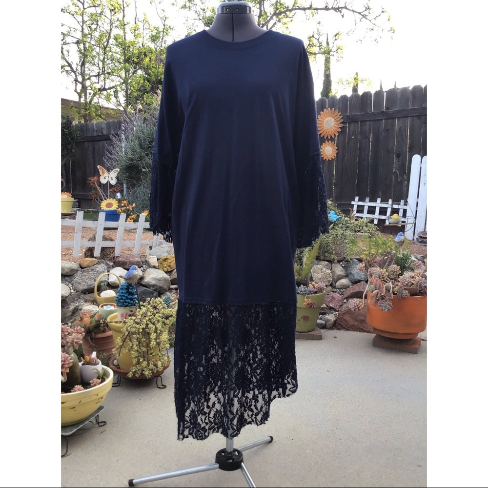 Dress, Navy T-shirt dress, 100% cotton added lace
